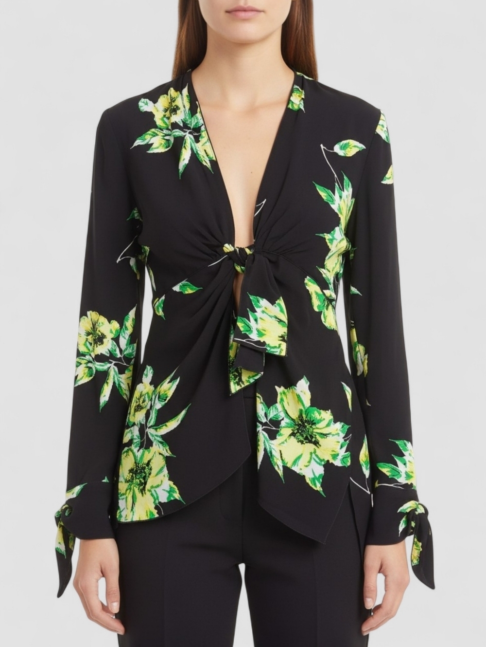 Proenza Schouler 100% Silk Floral Tie Front Keyhole Blouse Draped Top Size 4